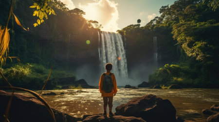 Young woman standing in front of the waterfall in the jungle at sunriseの素材
