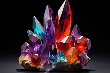 Amazing detailed closeup of colorful Rainbow Aura Quartz Crystal coated cluster on black background. Macro of beautiful rare multicolor mineral stone.の素材