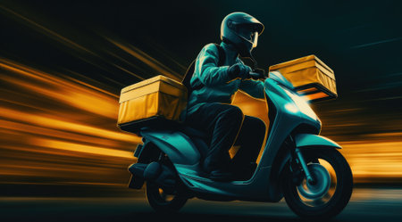 Food delivery moto scooter driver with backpack behind back is on his way to deliver food. Courier on scooter delivering food. Quick shipping of goods to customersの素材