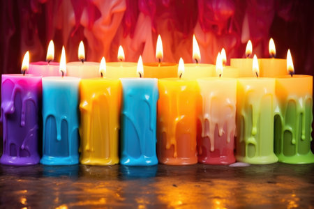 Close up of candles with colorful wax. Candle background.の素材