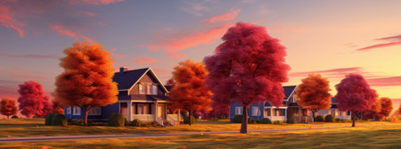 Suburban modern home during late autumn as leaves drop off tree on to yard.の素材