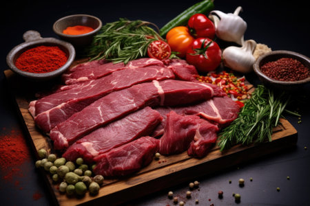 Raw fresh beef pork ready to cooking with garlic, onions, parsley, dill, mushrooms, quail eggs,seasonings, salt, coriander and red hot pepper on wood desk. Raw meat with condiments.の素材