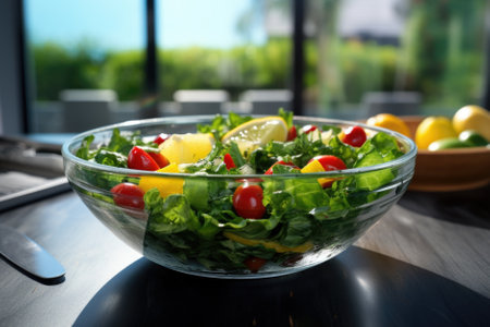 Seasonal summer vegetable salad in a glass bowl. Vegan organic food, dietary meal in a rustic style.の素材