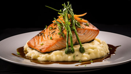 Salmon steak with mashed potatoes and greens.の素材