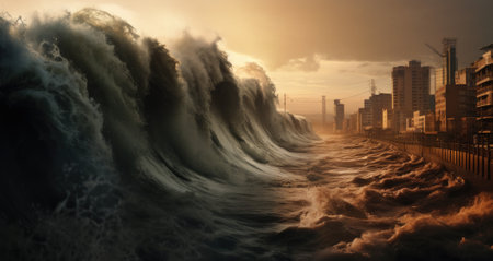 Apocalyptic dramatic background - giant tsunami waves crashing small coastal town.の素材