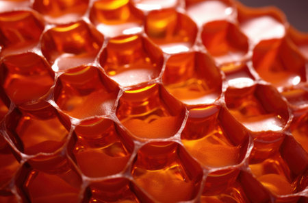 Fragment of honeycomb with full cells in bright sunlight.の素材