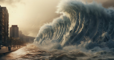 Apocalyptic dramatic background - giant tsunami waves crashing small coastal town.の素材