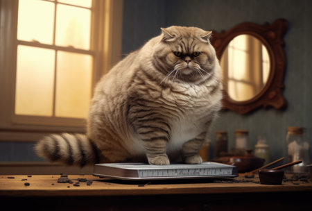 Funny Fat Cat Sitting in the Kitchen and Probably Waiting for some more Food.の素材