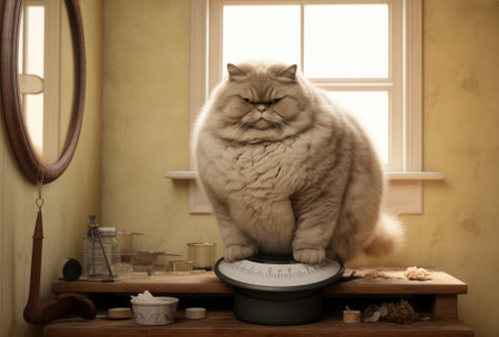 Funny Fat Cat Sitting in the Kitchen and Probably Waiting for some more Food.の素材
