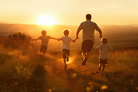 Happy family with two children holding hands of each other and running through wheat field at sunset. Young couple of parents with kids jogging among barley meadow and enjoying nature together.の素材