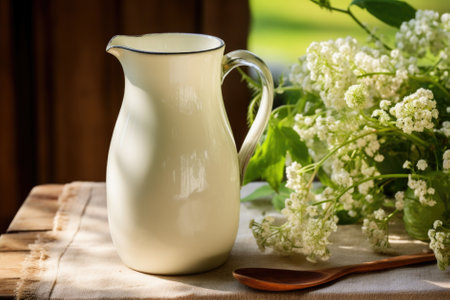 fresh milk in glass jug and glass on wooden background.の素材