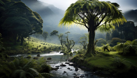 Scenic view of old tree roots covered with moss growing in green forest on sunny day.の素材