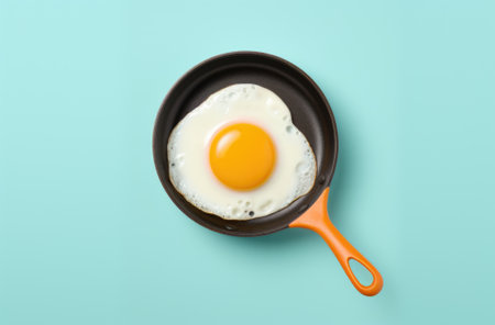 Above view with a sunny side up egg in an iron cast pan on a colored table. Cooking pan with a single fried egg on a colorful background.の素材