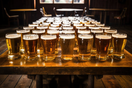 Cold mugs and glasses of beer on the old wooden table at the black background. Assortment of beer.の素材