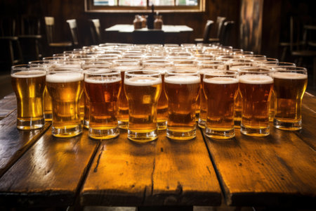 Cold mugs and glasses of beer on the old wooden table at the black background. Assortment of beer.の素材