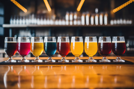 Close up of craft beer tasting flight at local brewery pint glasses in a row .の素材