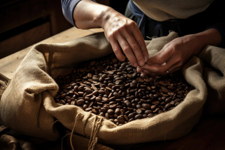 Coffee beans in a sack on a wooden table. Selective focus. Toned.の素材
