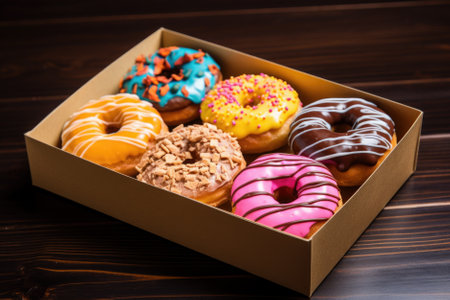 assorted donuts in a box on wooden background - sweet foodの素材