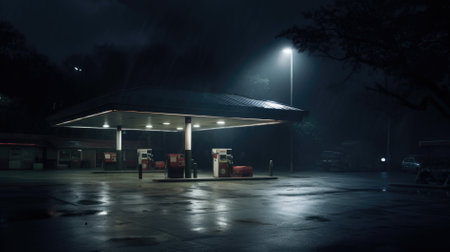 Horizontal shot of a generic unbranded gas station at night.の素材