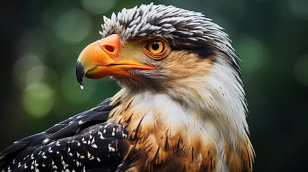 Caracara plancus with brown plumage and pointed beak against blue cloudless sky.の素材