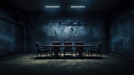 An empty Table and chair with in interrogation room, Investigation room concept.の素材