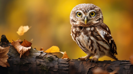 Little owl (Athene noctua) sitting on dry autumn tree. Autumn forest in background. Little owl portrait. Owl sitting on branch. Owl on tree.の素材