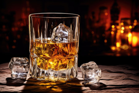 whiskey with ice on a wooden table.の素材