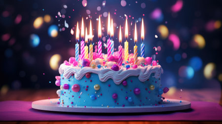 Birthday cake, candles and colorful balloons over light violet.の素材