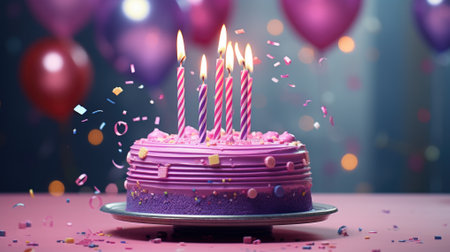 Birthday cake, candles and colorful balloons over light violet.の素材