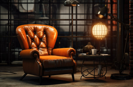 Retro brown leather armchair on the wall background. Copy space. Vintage interior.の素材