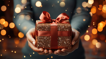 Close up shot of female hands holding a small gift wrapped with ribbon. Small gift in the hands of a woman indoor. Shallow depth of field with focus on the little box.の素材