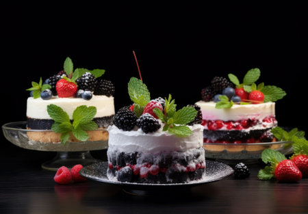 Strawberries, raspberry and Cream Mille Feuille dessert on black plate.の素材