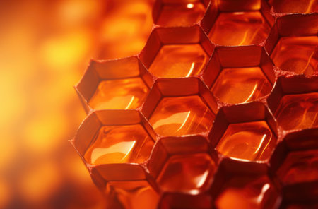 Fragment of honeycomb with full cells in bright sunlight.の素材