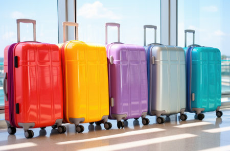 Multicolor packed suitcases on airport background. Travel concept.の素材
