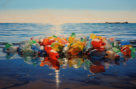 Plastic water bottles pollution in ocean. Environment concept.の素材