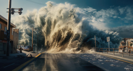 Apocalyptic dramatic background - giant tsunami waves crashing small coastal town.の素材
