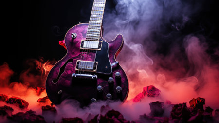Close up of electric guitar on a stage during rock concert.の素材