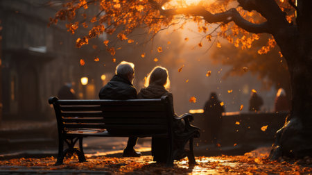 Senior couple sitting on bench in autumn park and looking sunset.の素材