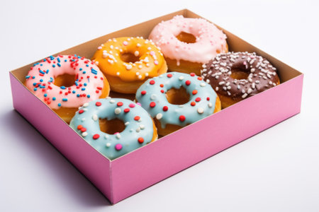 Assorted sweet donuts in a paper box.の素材