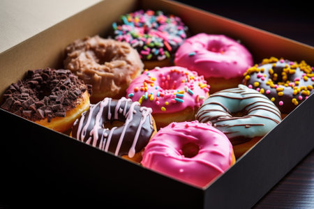 Assorted sweet donuts in a paper box.の素材