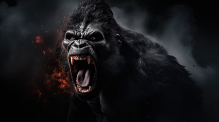Silverback - adult male of a gorilla face. A gorilla appears to be angry, mouth open, yawning.の素材