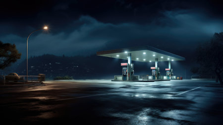 Horizontal shot of a generic unbranded gas station at night.の素材