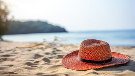 Straw hat on the beach. Beach holiday concept.の素材