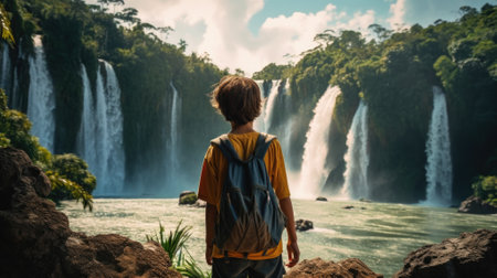 Caucasian boy standing on a rock watching the water fall from the waterfall in the lush forest.の素材