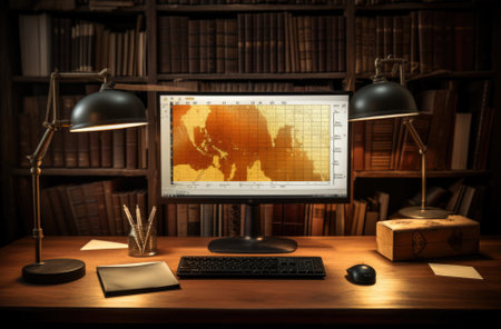 Desktop Computer Monitor with Finance Statistical Data Software and Progressive User Interface Standing on the Desk in the Modern Business Office. In the Background Glass Wall with Big City Office.の素材