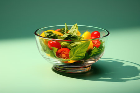 Seasonal summer vegetable salad in a glass bowl. Vegan organic food, dietary meal in a rustic style.の素材