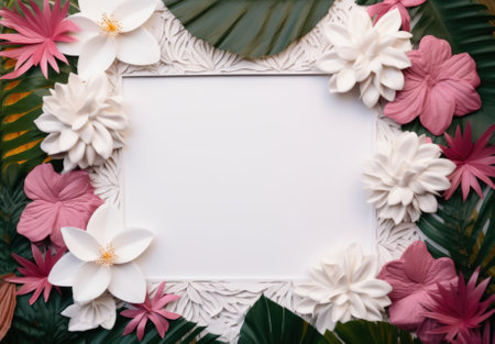 Blank paper card mockup with frame made of flowers. Festive floral composition with copy space on a pastel background.の素材