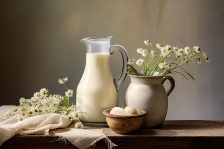 A jug of milk and glass of milk on a wooden table.の素材