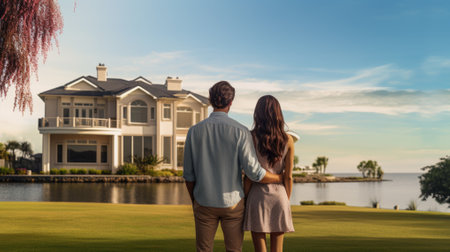 couple embracing in front of new big modern house, outdoor rear view back looking at their dream home.の素材