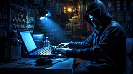 Hacker in hood without a face at laptop. Hacks dark background. Internet scammer or thief. Darknet. Cyber attack.の素材
